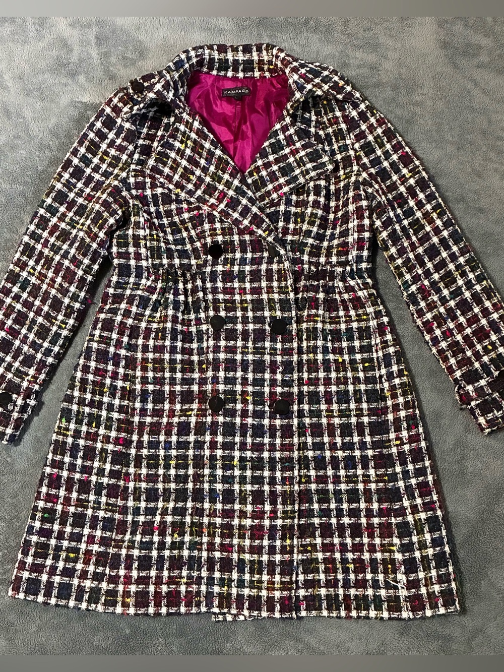 Rampage Women's Peacoat Button Up Long Sleeve Black White Magenta Plaid Size L
